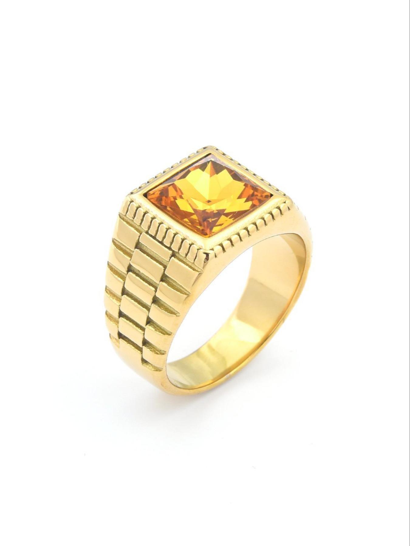 High-Quality Men's Ring, 18K Gold Plated Tarnish-Free, Square Black Gemstone Exudes Boldness