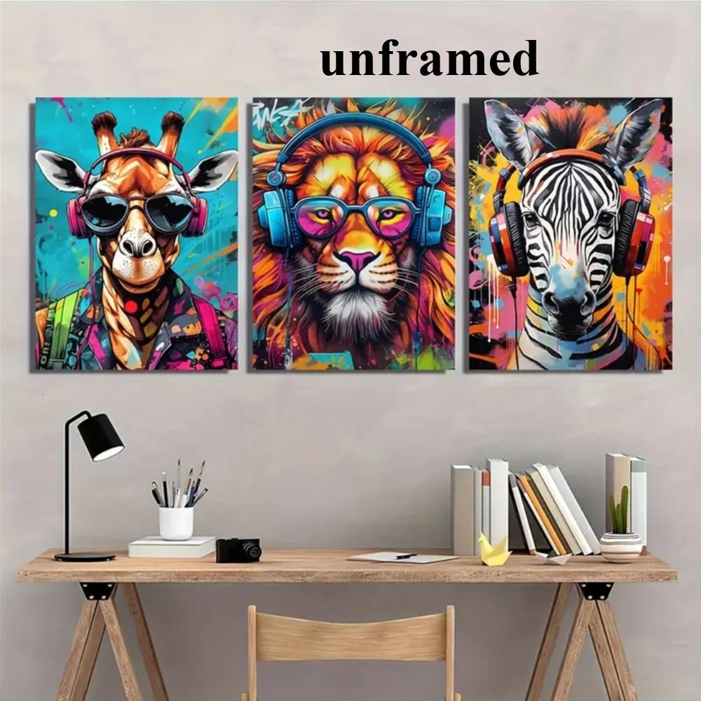3 Pieces Optional Wooden Frame Cool Graffiti Gamer Headphone Animal Wall Poster Minimalist Wall Art Print Canvas Painting Wall Poster Living Room Home Decor Color Accurate Reproduction Hanging Painting Flat Anti-Wrinkle Art Canvas