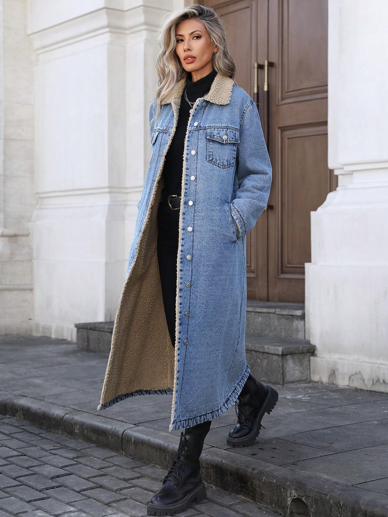 Women's Fall Winter Basic Chic Fashion Long Denim Jacket with Long Sleeves, Elegant Lapel Single Button Fleece Lined Warm Coat, Casual Versatile Outerwear