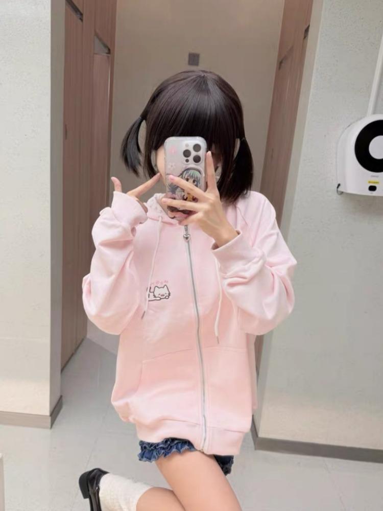 Japanese Pink Kawaii Cute Cartoon Embroidery Hoodie Women Y2k Aesthetic Patchwork Pocket Hoody Casual Grunge Zipper Sweatshirts