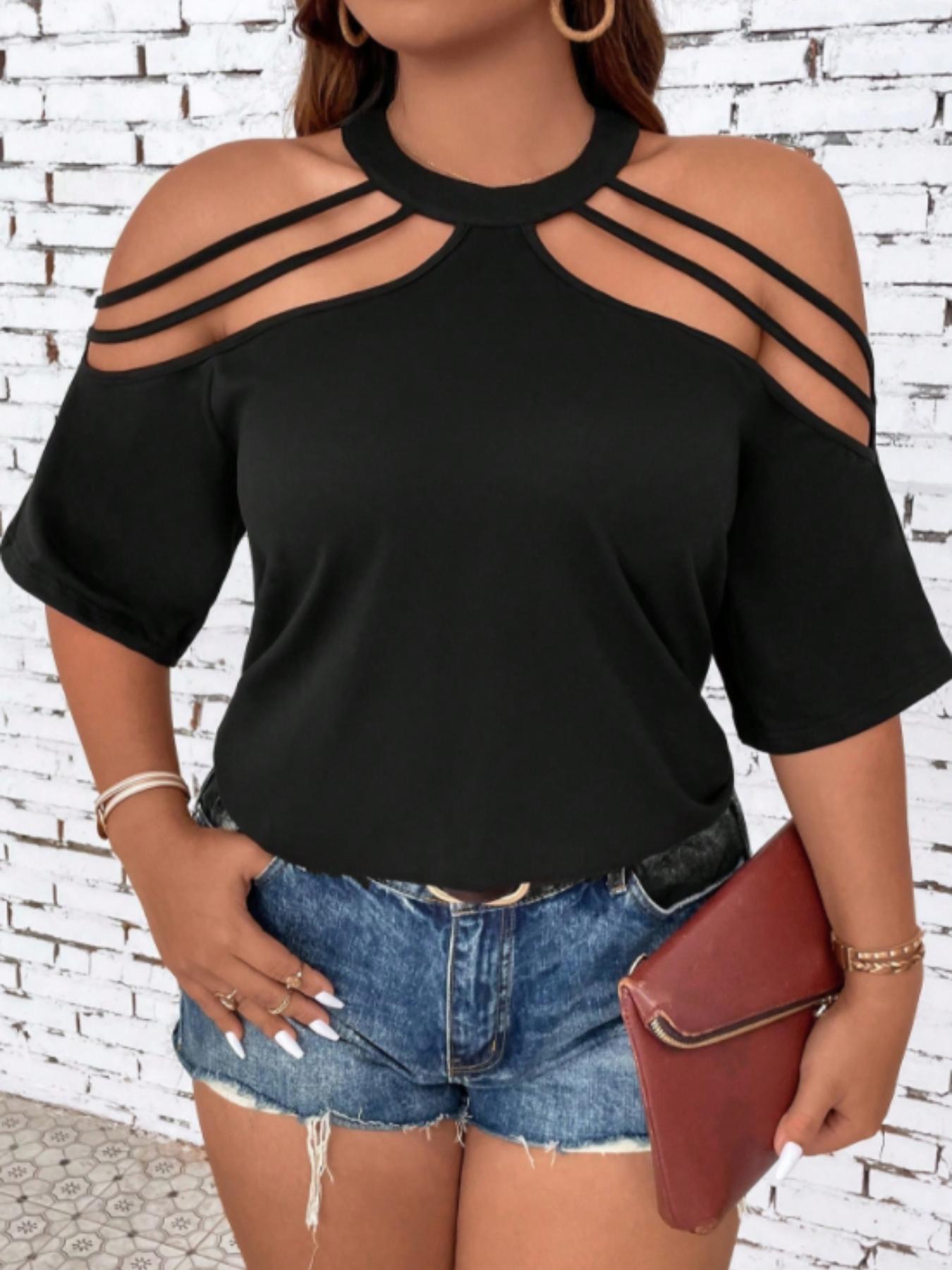Plus Size Solid Cut Out Cold Shoulder Round Neck Tee, Casual Fashion Half Sleeve T-shirt for Summer, Summer Clothes, Ladies Clothes for Dating Daily Wear