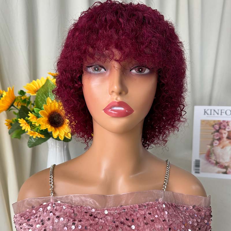 Glueless Wigs Short Curly Bob Wig with Bangs Wear To Go Short Curly Human Hair Wig for Women 180 Density Brazilian Virgin Human Hair Glueless No Lace Machine Made Wigs