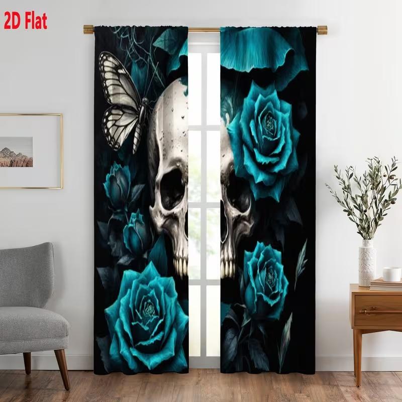 2 pieces of Gothic skull and greenish-blue rose printed curtains, made of polyester with semi-transparent texture, machine washable, suitable for bedrooms, living rooms and home decoration curtains.