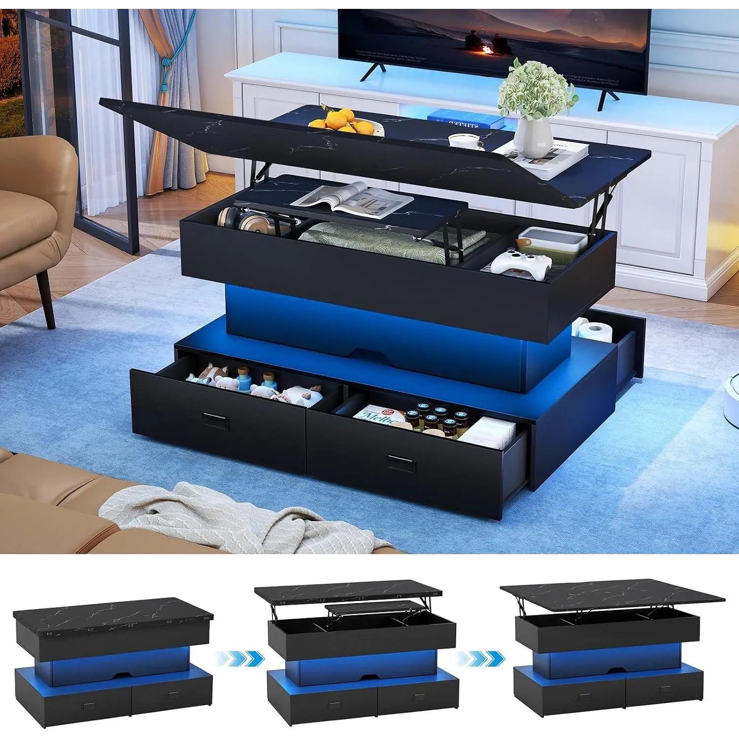 Turosur 40"" Lift Top Coffee Table, Multi-Function with LED, Storage, 4 Drawers & Hidden Compartment Converts to Dining Table for Living Room Home Office, Black