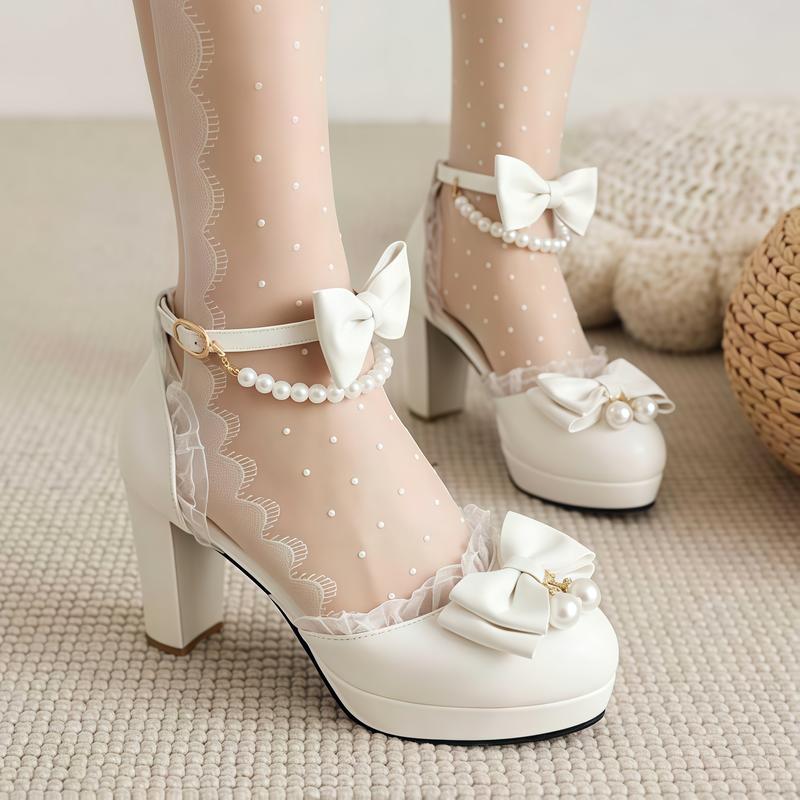 Womens Ankle Strap Lace Beads High Heel Mary Janes Bowtie Round Toe Pump Shoes Sweet Lolita Shoes