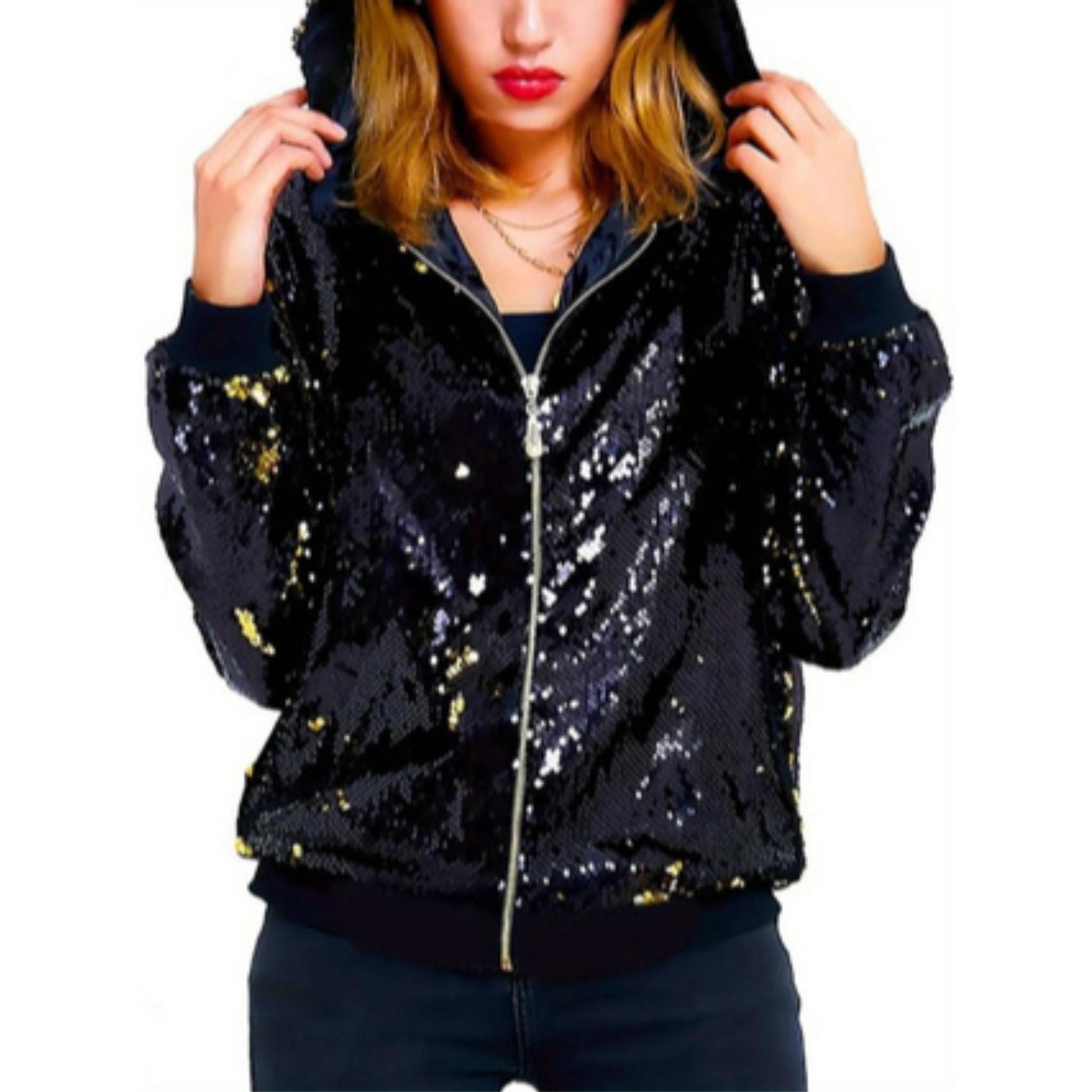 Women's Sequined Casual Jacket, Ombre Pattern, Fitted Style, Zipper Design, Long Sleeve, All Seasons Wear, Perfect for Parties