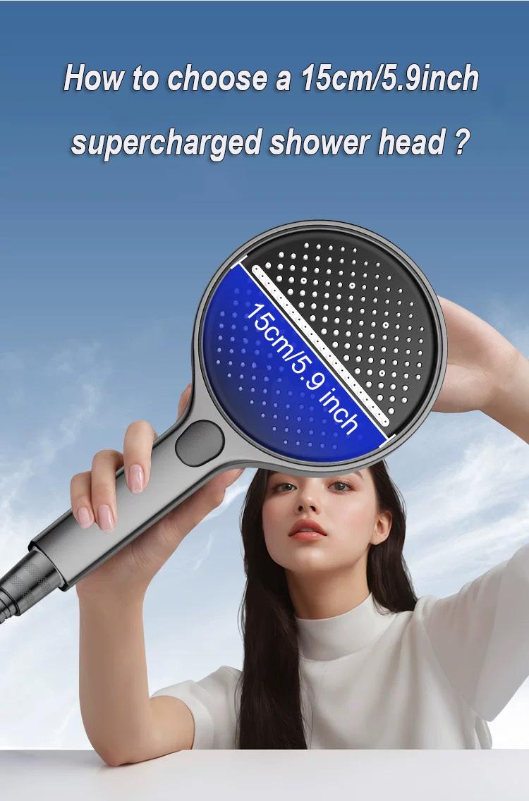 5.9-inch super large panel handheld showerhead features four water modes. It provides a powerful water flow that envelops your entire body and comes with a bracket and a 59in‘ soft hose, silver and gray