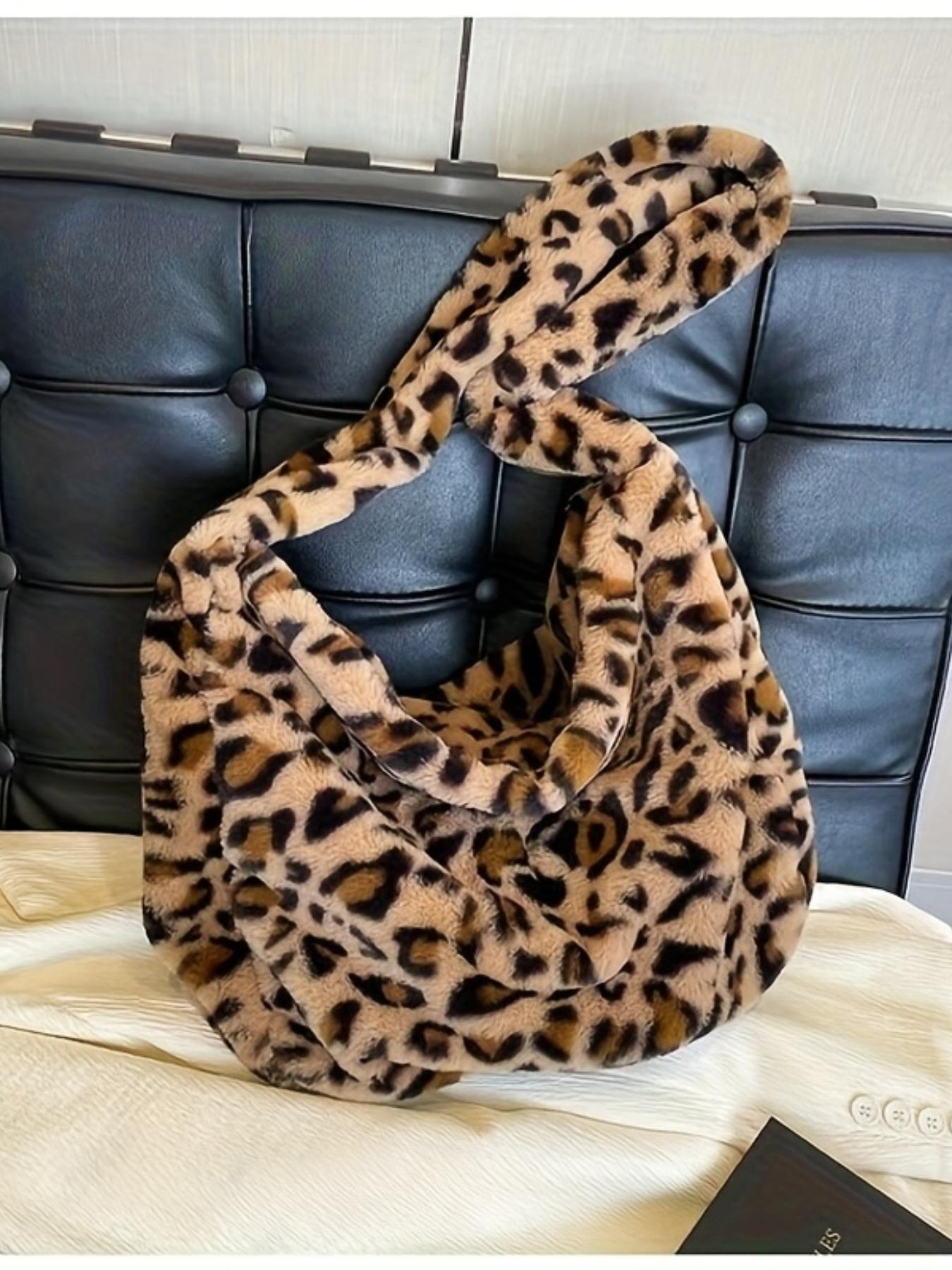 Women's Plush Colorblock Handbag, Trendy Shoulder Crossbody Bag, Leopard Print, Street Fashion Medium Soft Zipper Purse