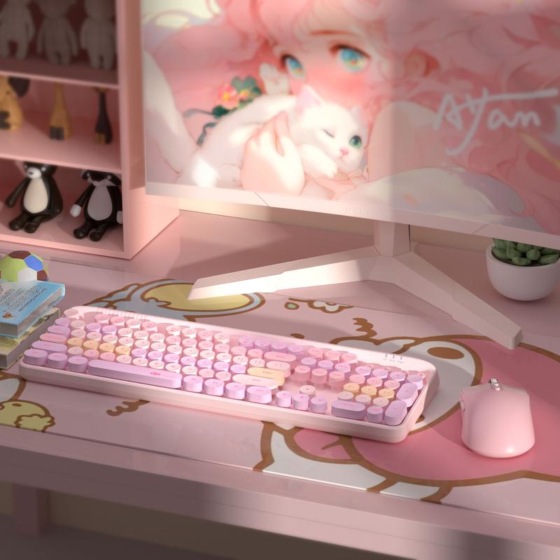 Wireless Keyboard and Mouse Combo Round keycaps Retro Typewriter Keyboard 104 Key Full-Sized Keyboard Automatic Power Saving 2.4GHz Wireless Connection for Mac/Windows/PC