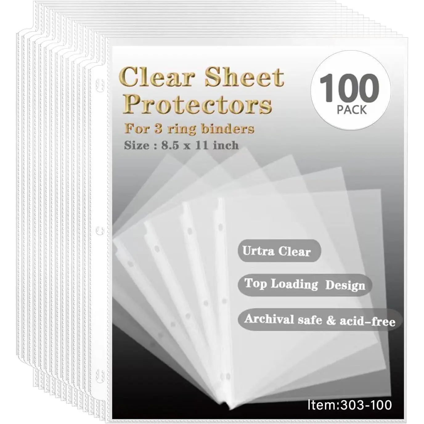 Sheet Protectors 8.5 x 11, Page Protectors for 3 Ring Binder 100ct | Heavy Duty Clear Plastic Binder Sleeves Top-Loading Reinforced 3-Hole  for 3 Ring Binder, Letter Size Document Protection