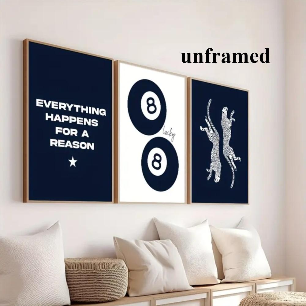 3-Piece Optional Wooden Frame Retro Navy Blue Leopard 8 Ball Animal Print Decor High Precision Color Micro-spray Moisture-proof Scratch-resistant Home Bar Living Room Decor