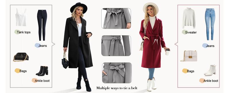 FMEYOA Womens 2025 Notched Lapel Collar Coats Open Front Long Jackets Overcoat with Belt