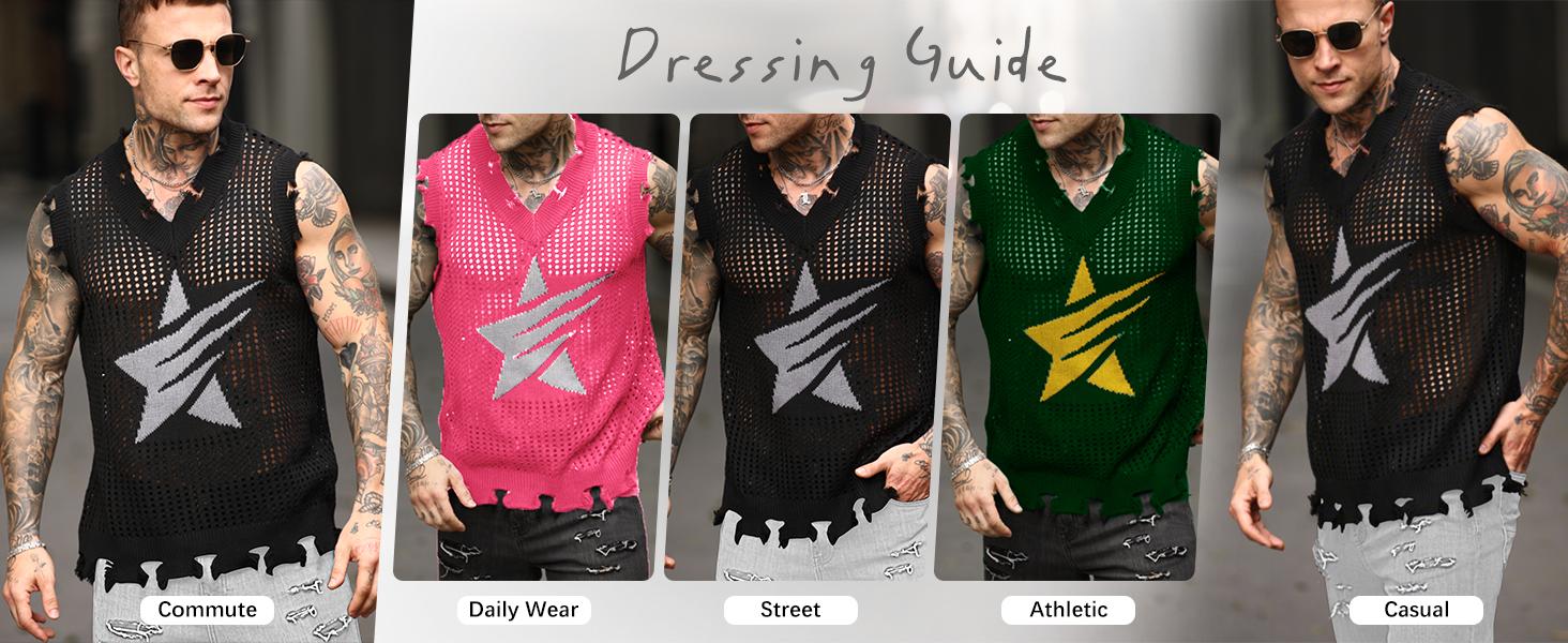 HYPESTFIT Men's Ripped Hollow Out Transparent Star Distressed Grunge Tank Top HYPESTFIT Men's Ripped Hollow Out Transparent Star Distressed Grunge Tank Top