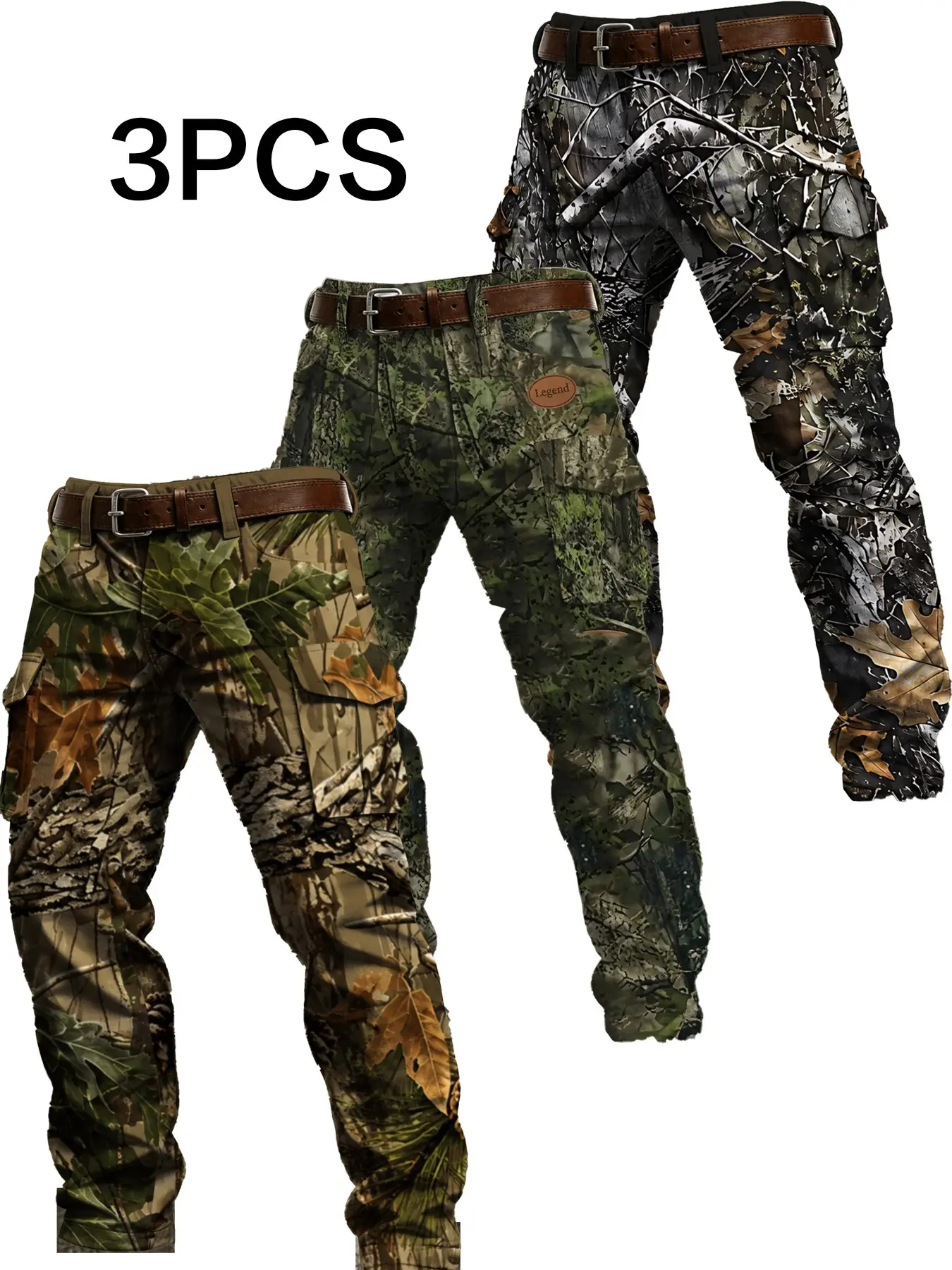 3-Pack Men's Camouflage Work Pants, Outdoor Hunting Multi-Pocket Ankle-Length, Casual Slim-Fit Mid-Waist Long Pants with All-Over Print, Casual Cargo Pants