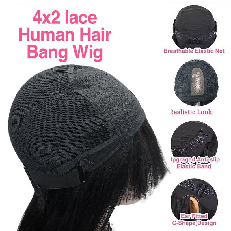 STERLY Glueless Human Hair Wig with Bangs 180% Density 2x4 lace Closure Wigs Middle Part Lace Wig Loose Body Wave Machine Made Wigs for Women Yaki Straight Front Wig Brazilian Hair Wigs HD Transparent Lace Wigs