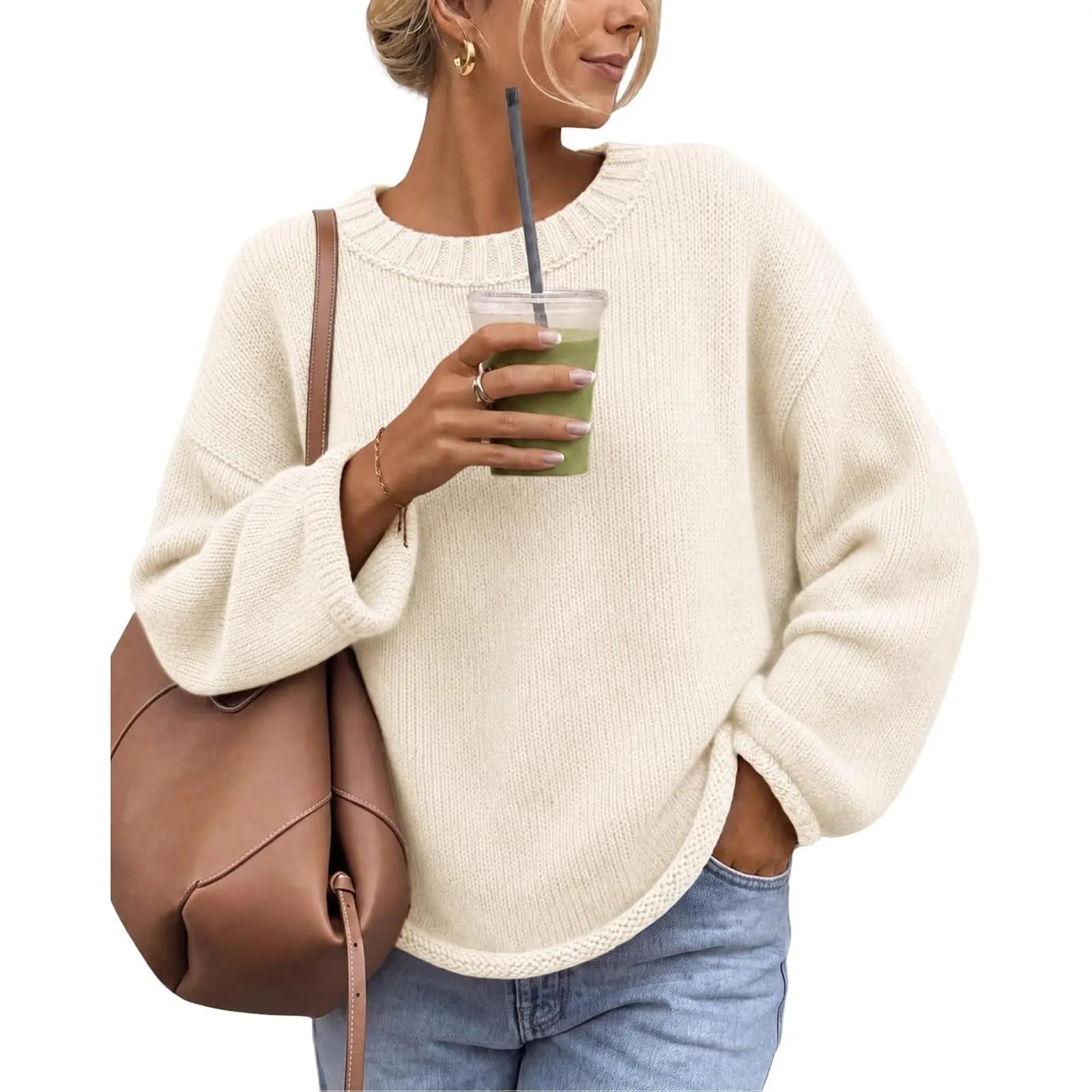 Cicy Bell Women's Long Sleeve Sweater Crew Neck Casual Pullover Knit Tops | Drop Shoulder, Rolled Cuff Hem, Loose Fit, Fall Winter, Warm Soft, Lightweight Sweater