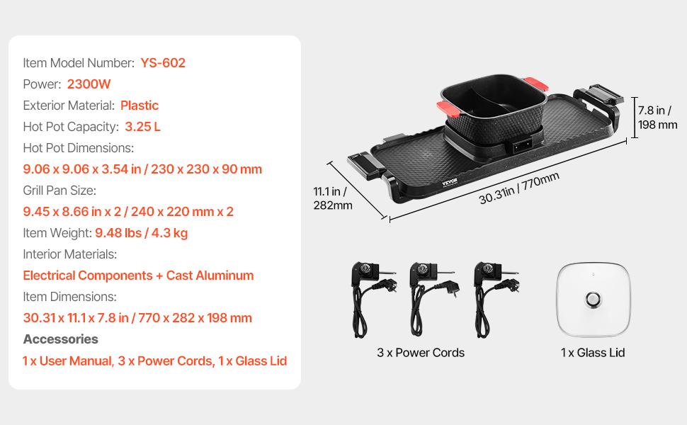 VEVOR Hot Pot with Grill, 2300W 2-in-1 Electric Smokeless Grill and Hot Pot, Removable Shabu-shabu Hotpot with Non-stick Pan, Separate Dual Temperature Control, Indoor Korean BBQ for 1-6 People