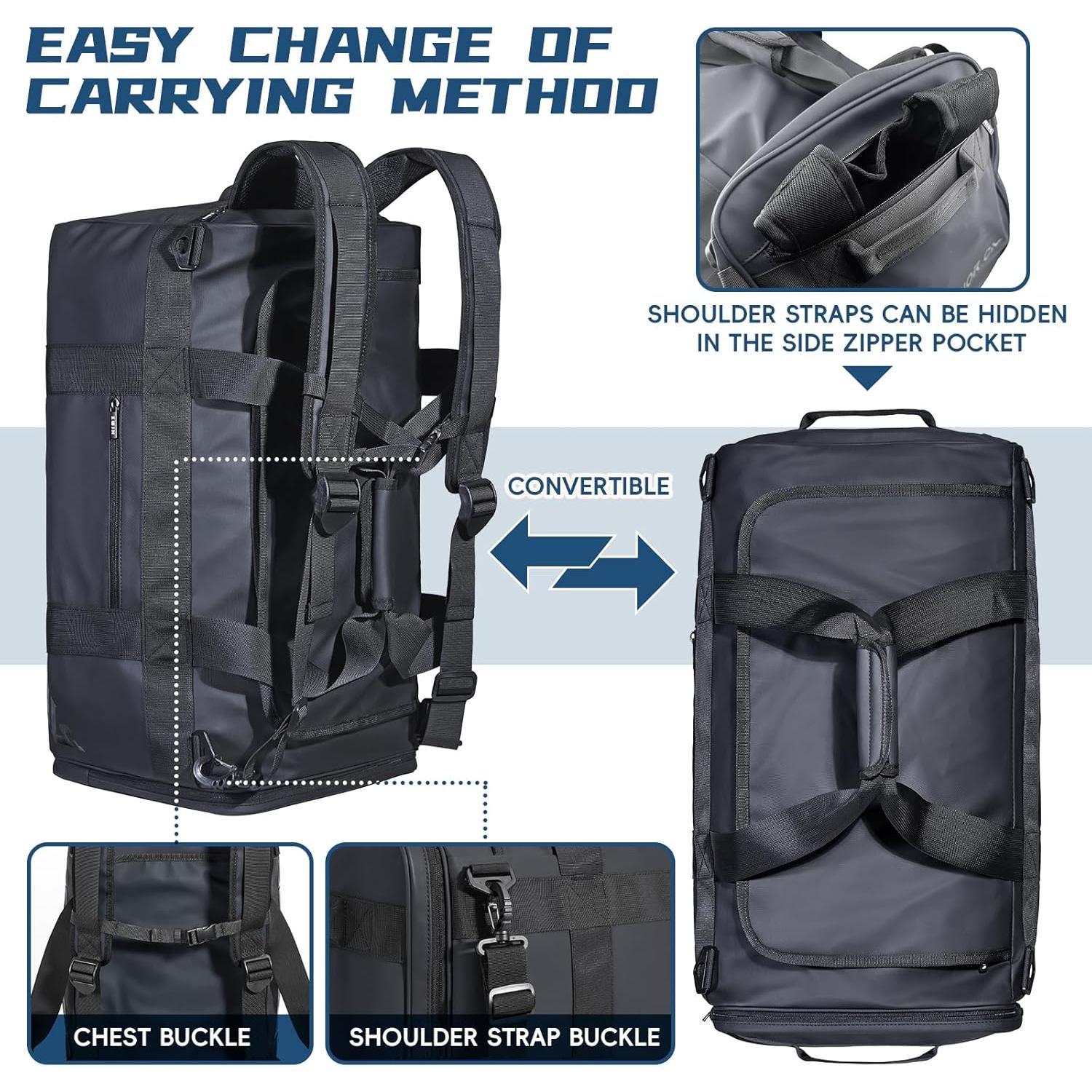 Duffle Backpack Heavy Duty Gym Bag for Men, 50L Convertible Travel Duffel Water Resistant Large Hand Bag for  , Black