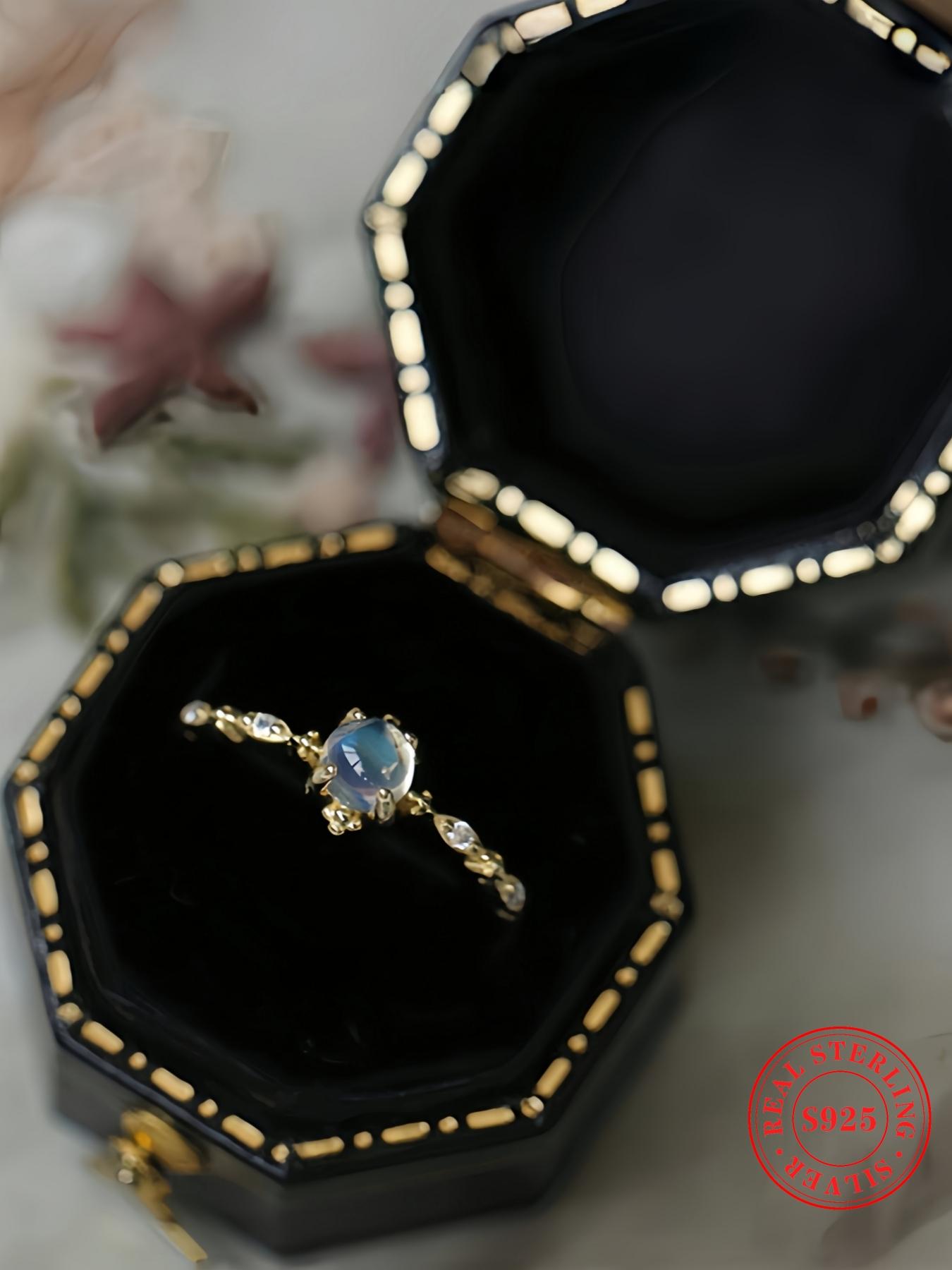 925 Sterling Silver Fashion Blue Moonstone Decorated Cuff Ring, Statement Ring, Vintage Adjustable Ring for Women, Casual Jewelry for Party, Daily Decor, Trendy for Gift