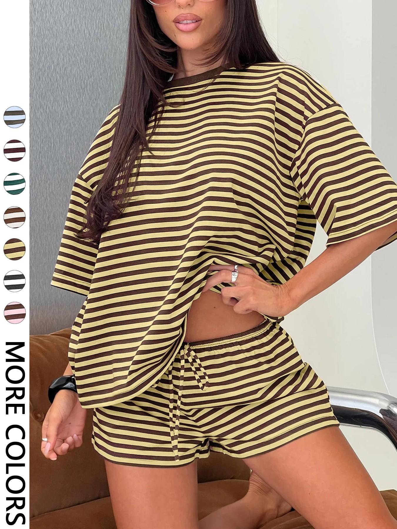 2 Spring Summer Stripe Print 2 Piece Outfit Women | Oversized T-Shirt + Drawstring Shorts | Soft Casual Lounge Set | Y2K Clean Girl Style for Daily Home Vacation Wear