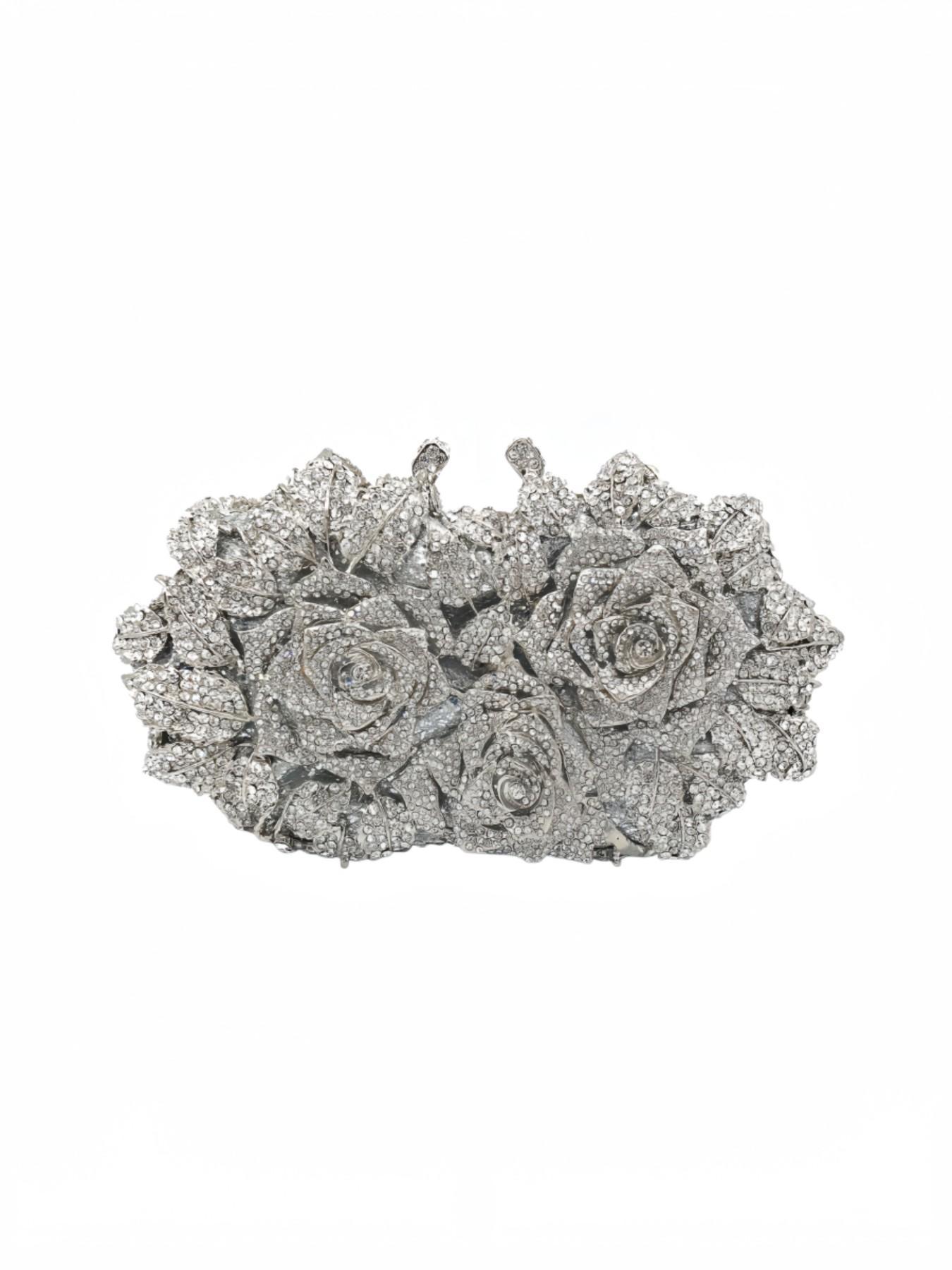 Elegant Evening Bag for Women, Sparkling Floral Crystal Wallet, Handmade Metal Rhinestone Clutch, Perfect for Weddings and Formal Events
