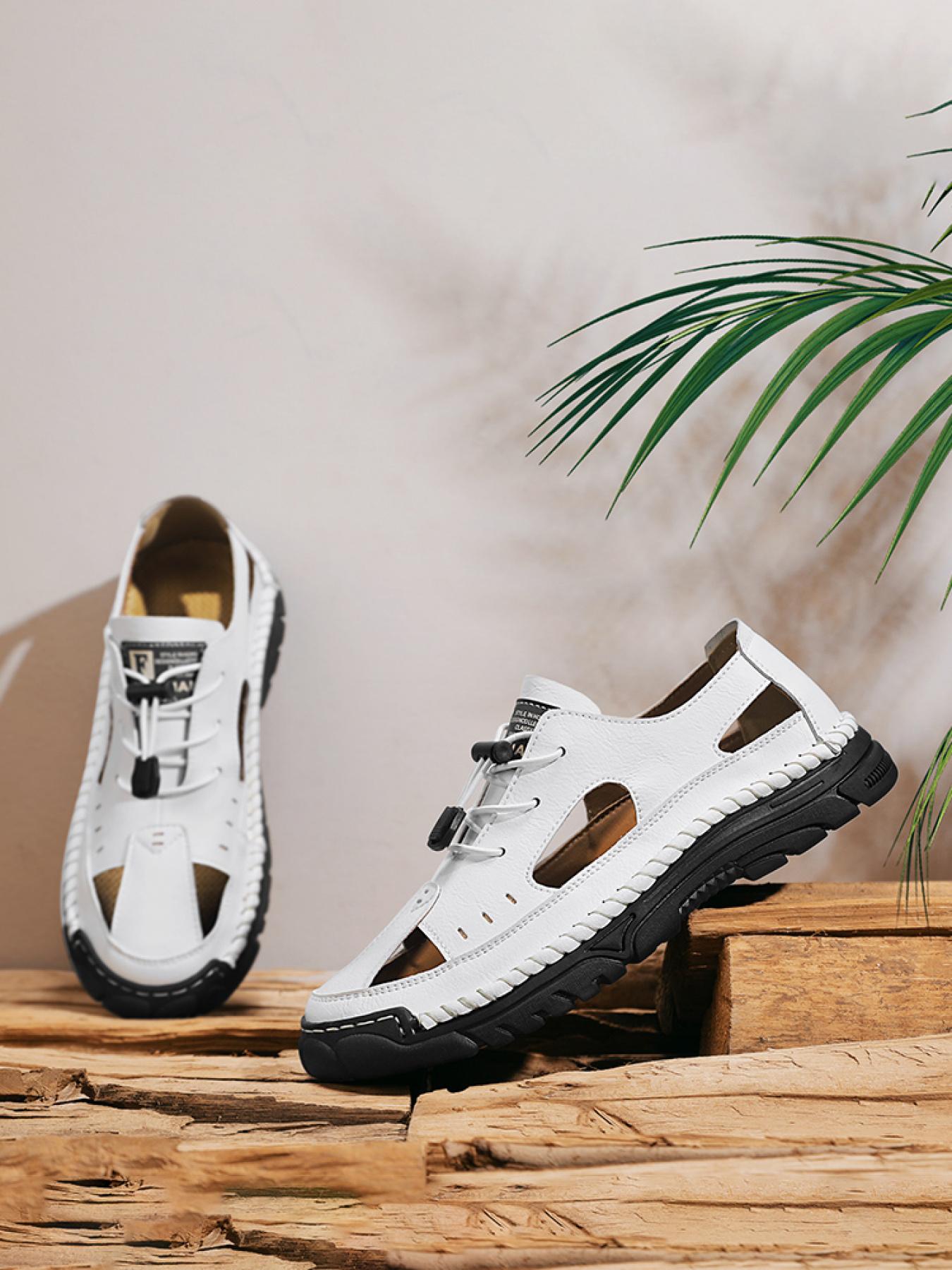 Men's Solid Color Hand-Stitched Closed-Toe Sandals Drawstring Soft Sole Water Shoes Breathable Slip-On Outdoor Beach Shoes