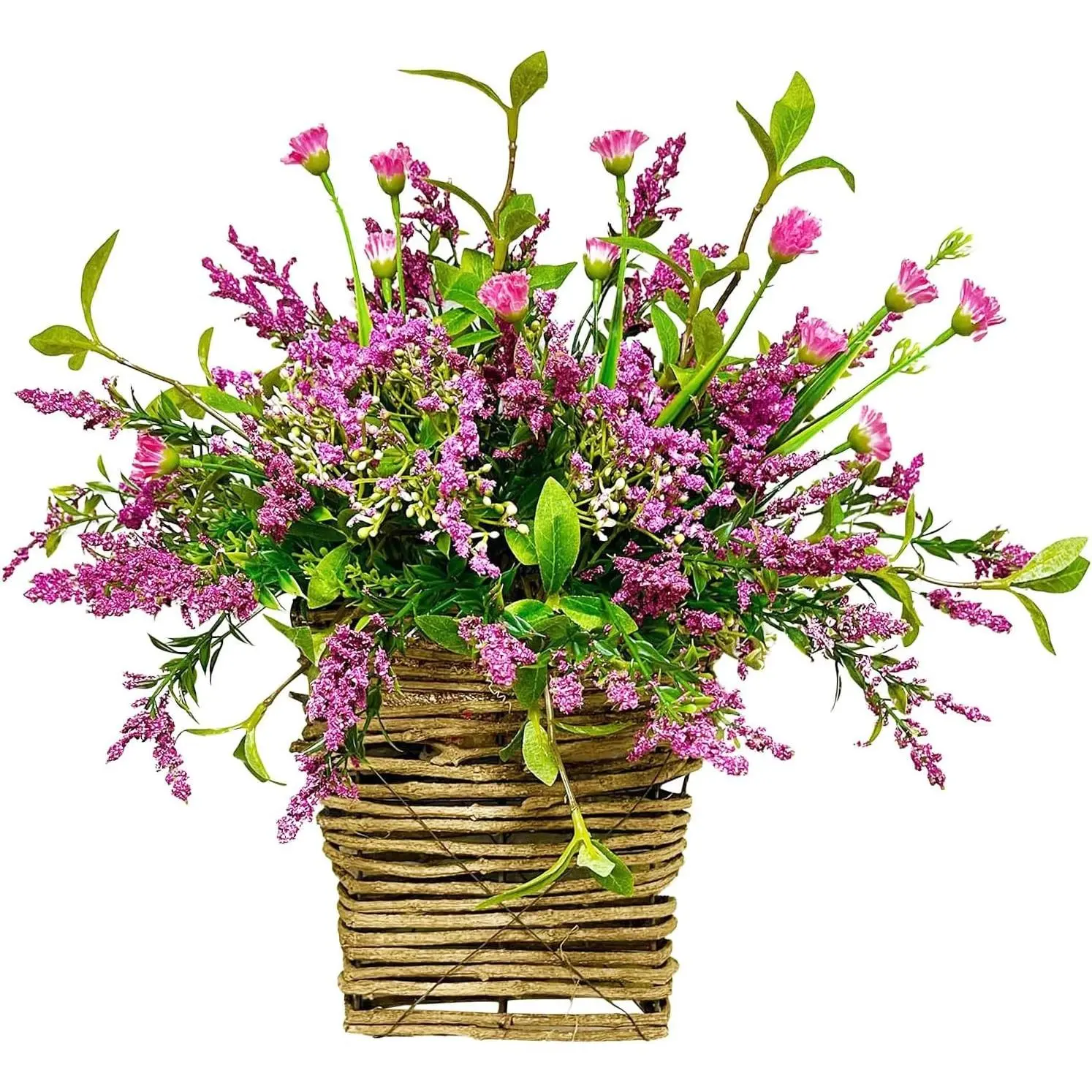 Wildflower Door Hanging Basket, Spring Front Door Wreath for Porch Farmhouse Decor, Artificial Seasonal Flowers Hanging Ornament (Wildflower)