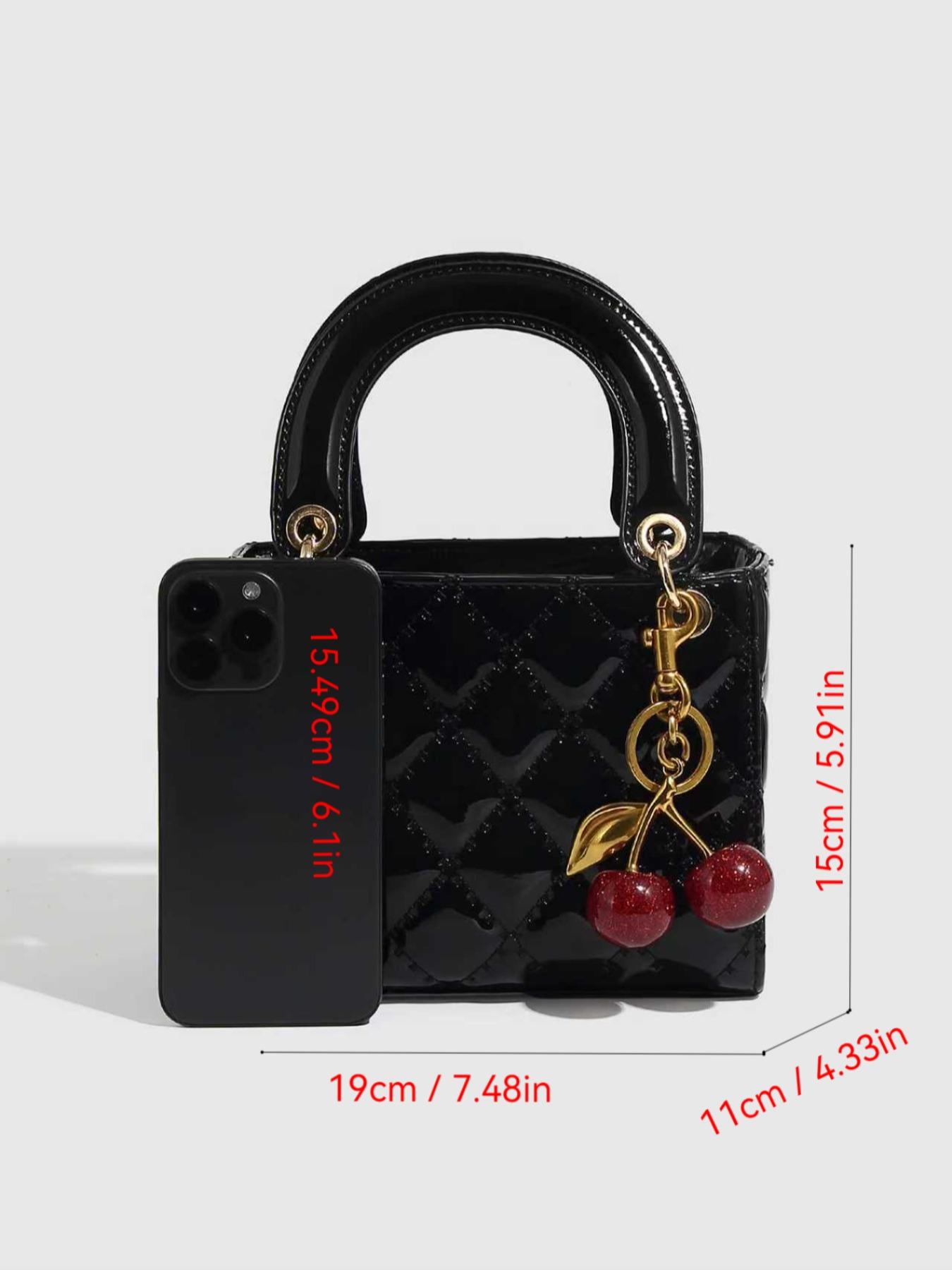 Checkered Bag with Cherry Charm, Fashionable Versatile Handbag, Elegant Women's Shoulder Crossbody Bag, Casual Style, Casual Handbag Satchel, Handheld Bag Purse