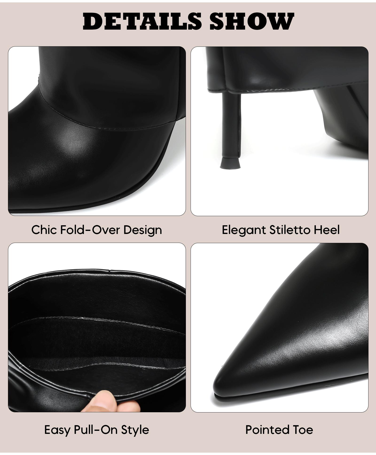 CYNLLIO Knee High Boots for Women Pointed Toe Stiletto High Heel Slouchy Fold Over Elegant Tall Boots Pull on Comfy Wide Calf Concert Party Outdoor Dress Fashionable Spring Shoes
