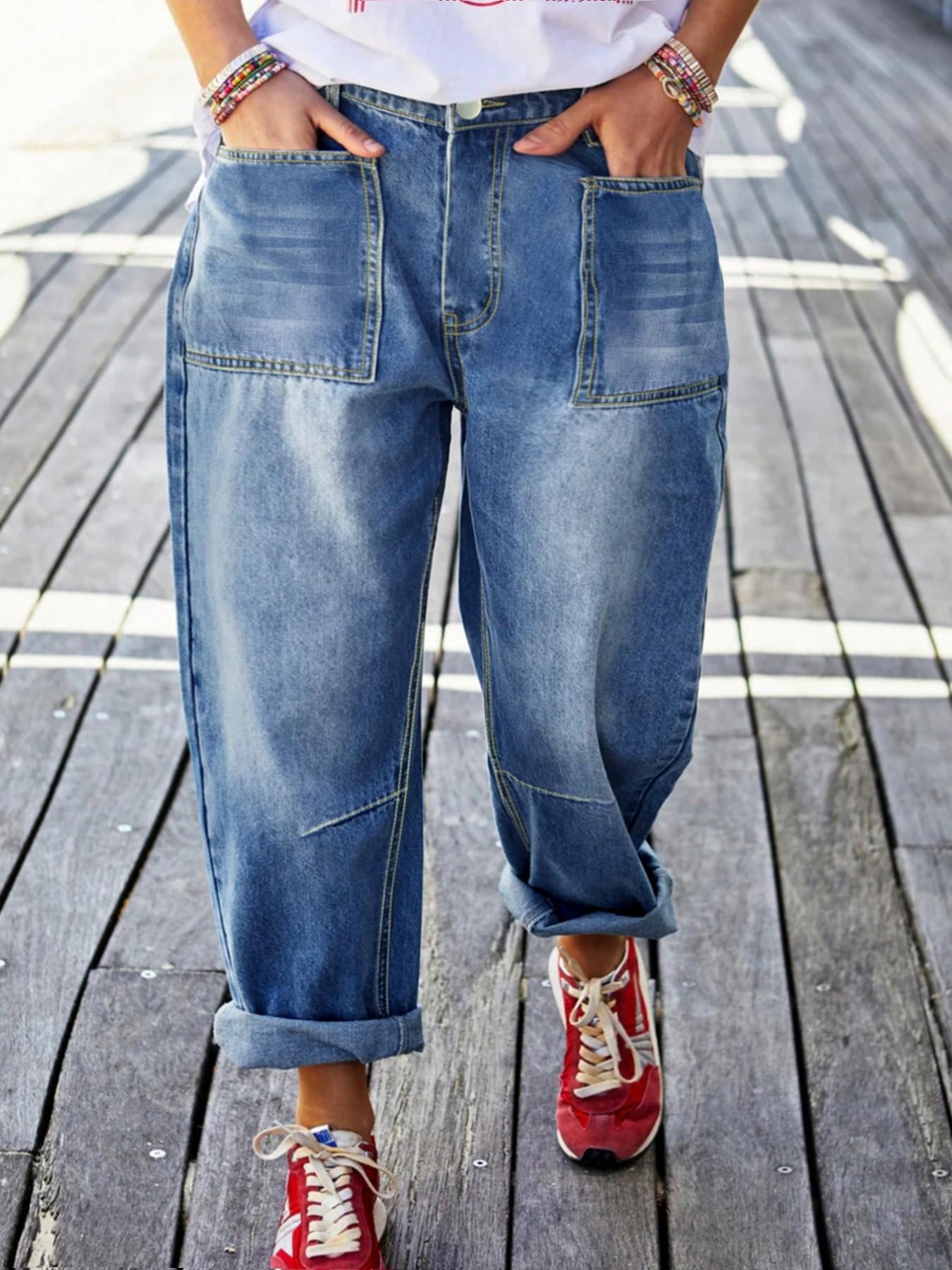 Plus Size Light Wash High Waist Denim Jeans, Relaxed Cuffed Cropped Baggy Pants, Vintage Coastal Casual Utility Wear for Women