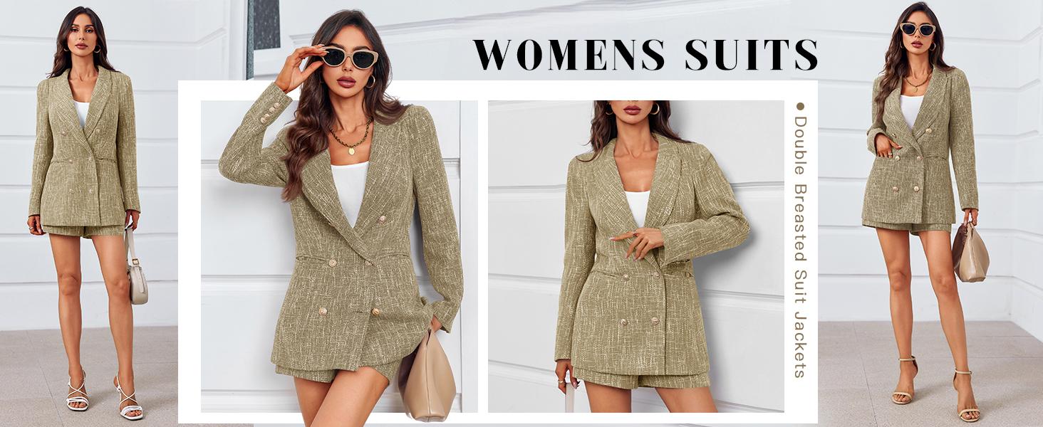 FMEYOA Womens 2 Piece Tweed Blazer Shorts Sets Long Sleeve Double Breasted Suit Jackets Business Outfit Fabric Formal M1H684