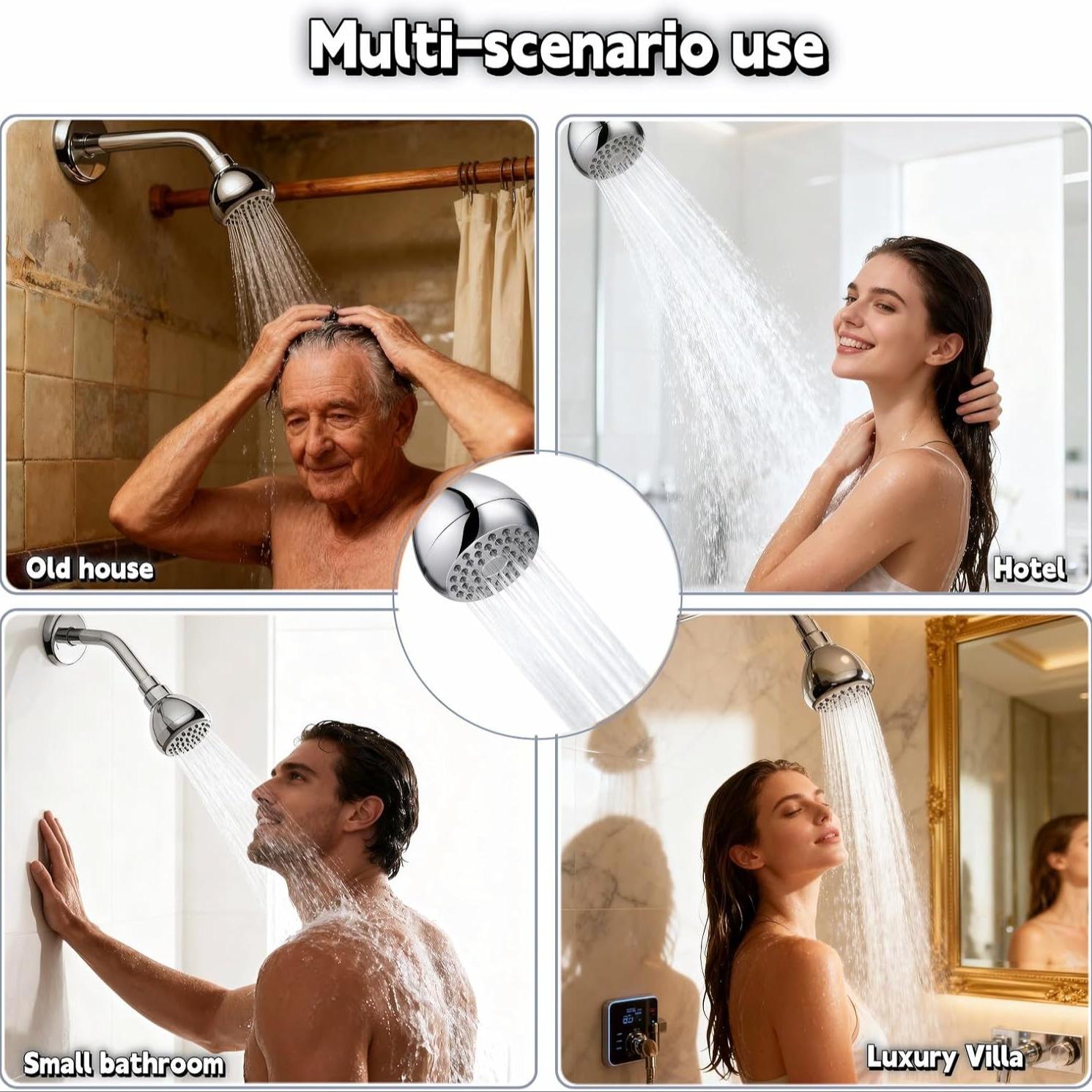 Shower Head 360 Degree Rotating Self-Cleaning Nozzle, Water Saving Flow Optimizer, Easy Installation Rustproof Abs, Adult Elderly Spa Shower