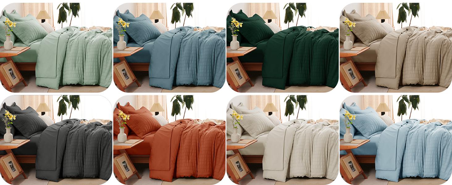 Queen Comforter Set Oatmeal, 7 Pieces Seersucker Textured Luxury Bed in a Bag Queen, All Soft Bedding Sets with Down Alternative Comforter, Sheets, Pillowcases & Shams, Bedroom Bed Set
