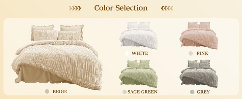 Inovaday 3 Pieces Comforter Set, Boho Fluffy Ruched Bedding Comforter Set with 2 Pillowcases, Soft Shabby Chic Ruffle Comfy Bed Set Luxury Bedding Set