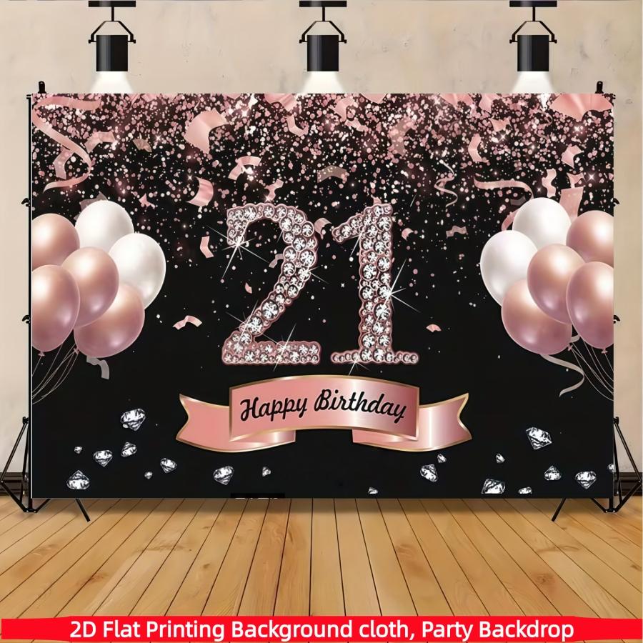 Pink gold diamond 21st birthday party background fabric, happy birthday polyester banner, suitable for living rooms, bedrooms, offices, birthdays, anniversaries, home decoration, outdoor and indoor parties, photography background fabric