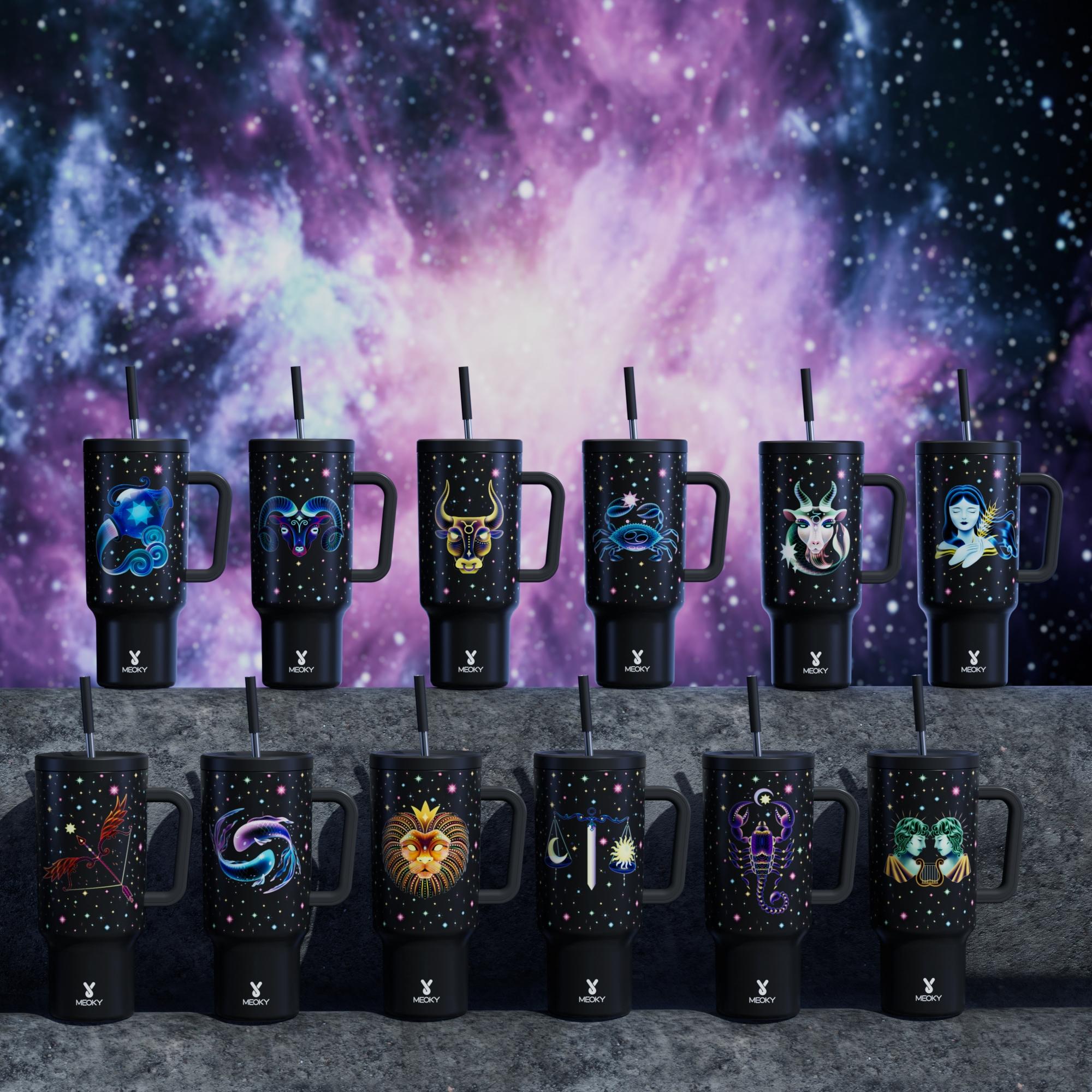 40oz Zodiac Signs Straw Handle Cup, Portable Leak-proof Cup Lid, Summer Cool Bottle, Non-slip Noise Reduction Pad At The Bottom, Stainless Steel Thermos Cup, Stainless Steel Tumbler, Easy To Clean for Home, Office, Outdoor, Drinkware