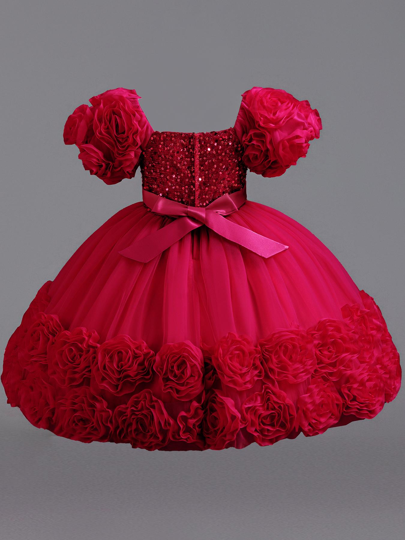 Girls Short Sleeve Party Dress Floral Embroidery Puffy Tulle Bow Flower Girl Princess Gown