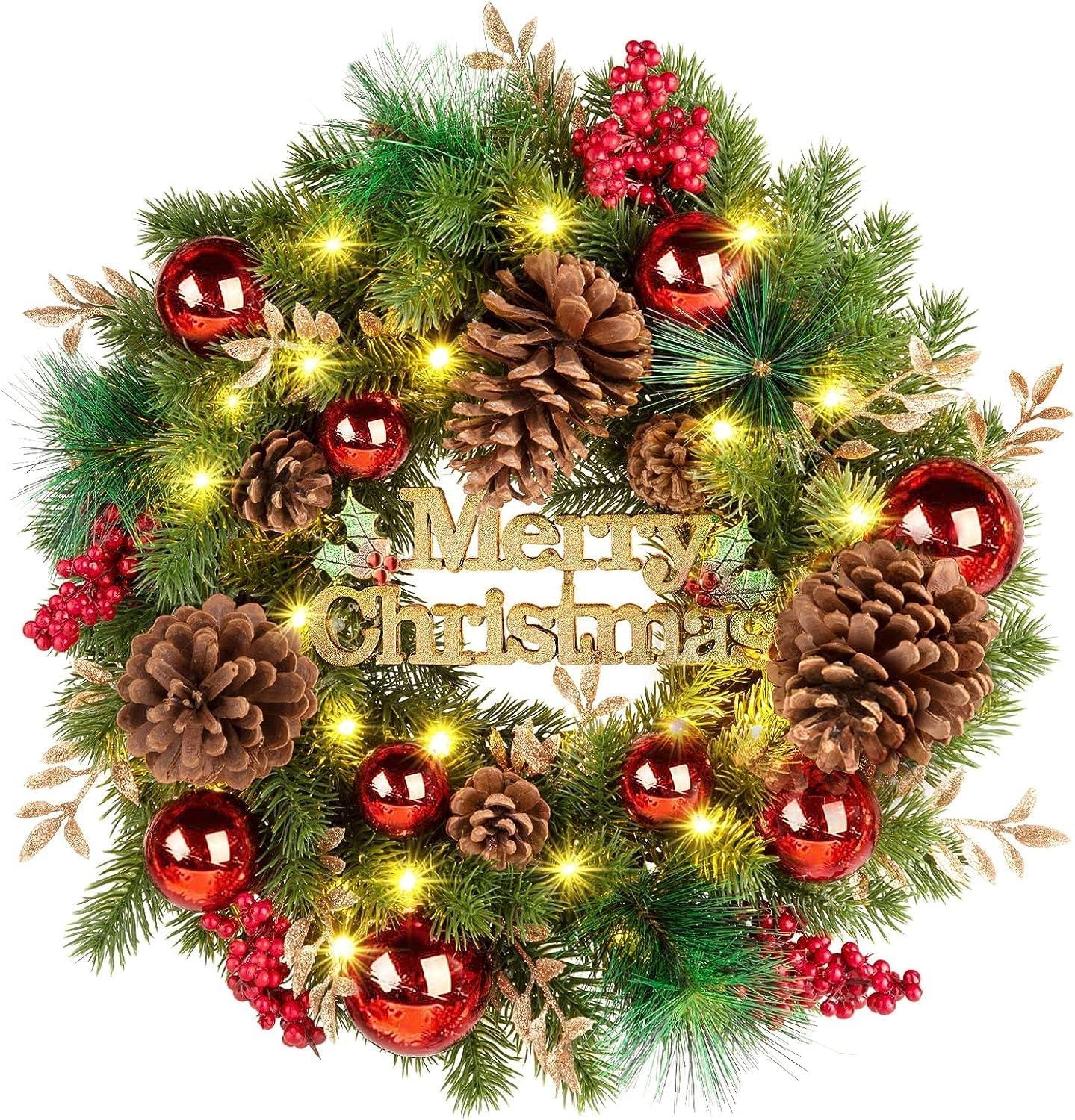 Christmas Wreath Light 16 Inch Christmas Front Door Wreath with Festive Holidays Decor for Indoor & Outdoor Fireplace Window Decor Ornaments Decoration Artificial Christmas Wreath for Front Door, Window, Fireplaces