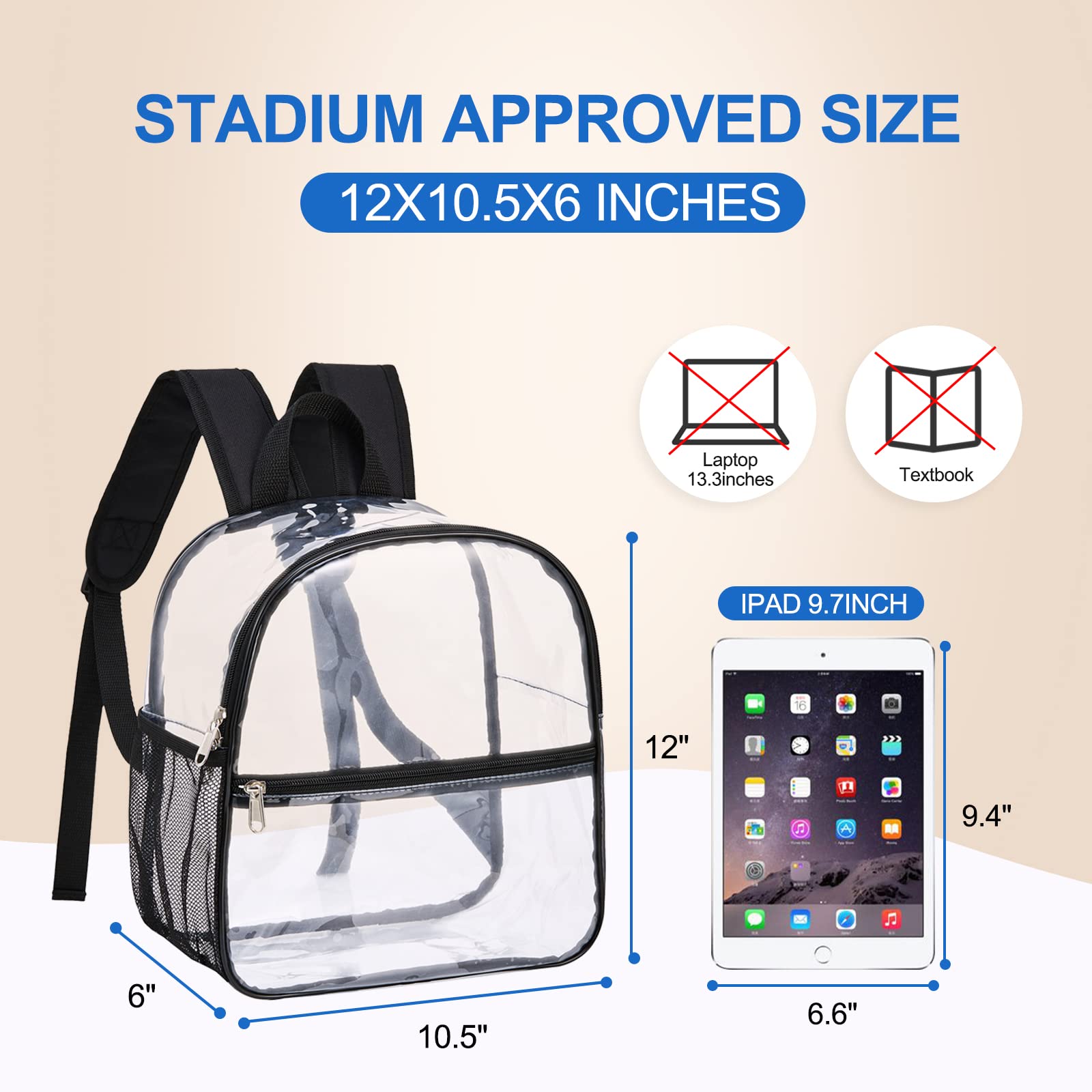 Clear Backpack Stadium Approved 12x10x6 with Padded Straps 12x10.5x6 Approved Clear Stadium Backpack – Reinforced Wide  main image 2