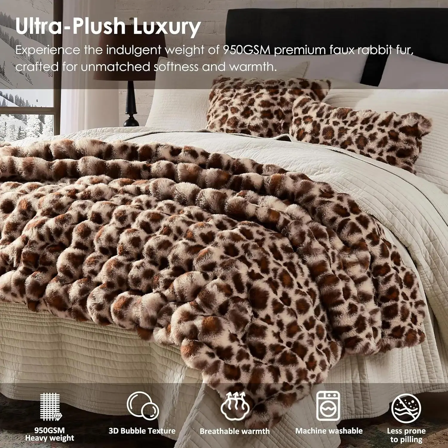 Luxury Chocolate Brown Faux Fur Bubble Quilt Throw Blanket 50x60 in 950 GSM Plush Mink Leopard Cheetah Print Home Decor for Couch Bed Pet Safe Dog Cat Lounging