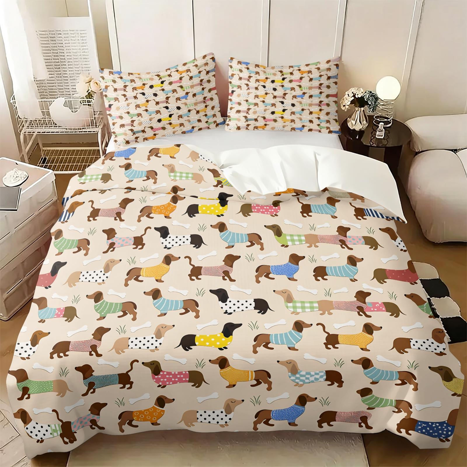 3PCS Cartoon Patchwork Dachshund Duvet Cover Set（1 Duvet Cover + 1-2 Coreless Pillowcases ), Vintage Geometric Floral Sausage Dog Pattern, Soft Comfy All Seasons Bedding Set,Ideal for Cute Pet Themed Bedroom Decor