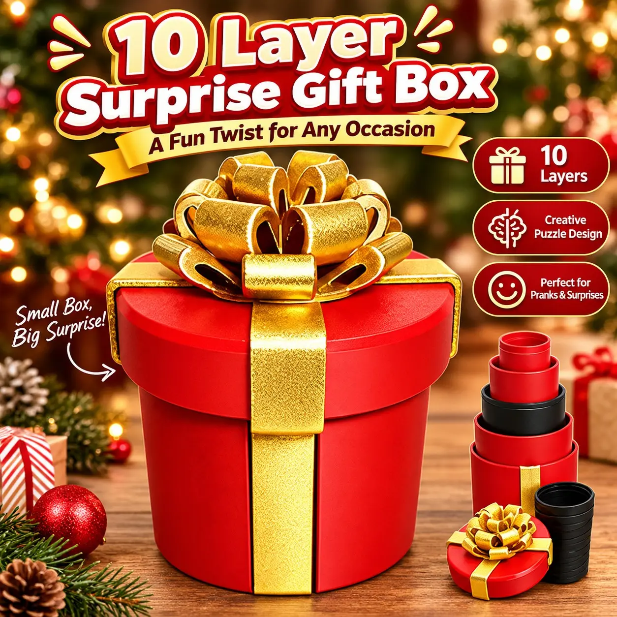 Annoying Nested Screw Gift Box, Annoying Gift Box, 10 Layer Reusable Prank Gifts Boxes, Gift Trap Box for Cash and Small Surprises,Funny Money Puzzle Boxs for Birthday Christmas White Elephant Party (Red Gold)