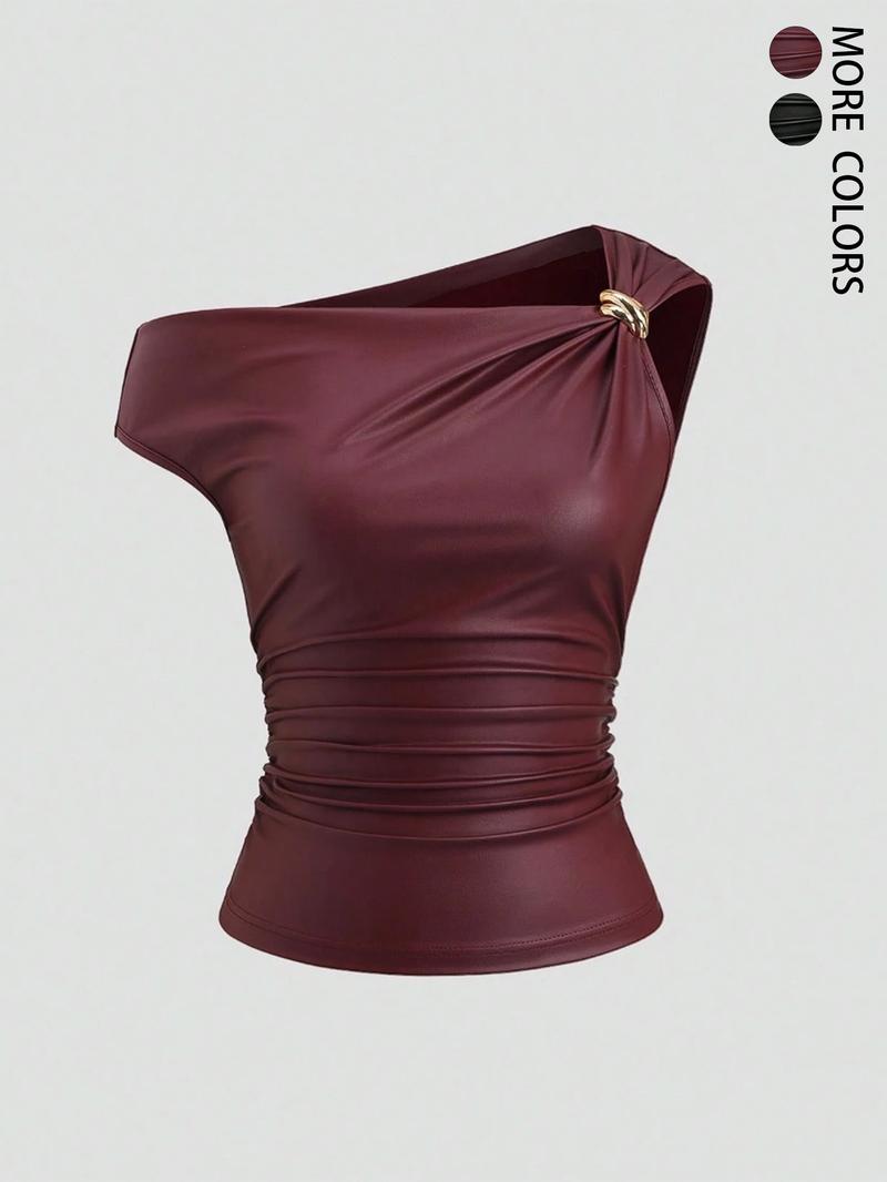 Women's Leather Metal Decor Casual Fashion Top，Irregular Collar PU Top with Metal Decoration, Stylish Casual Blouse for Daily Wear, Fashionable Women's Clothing