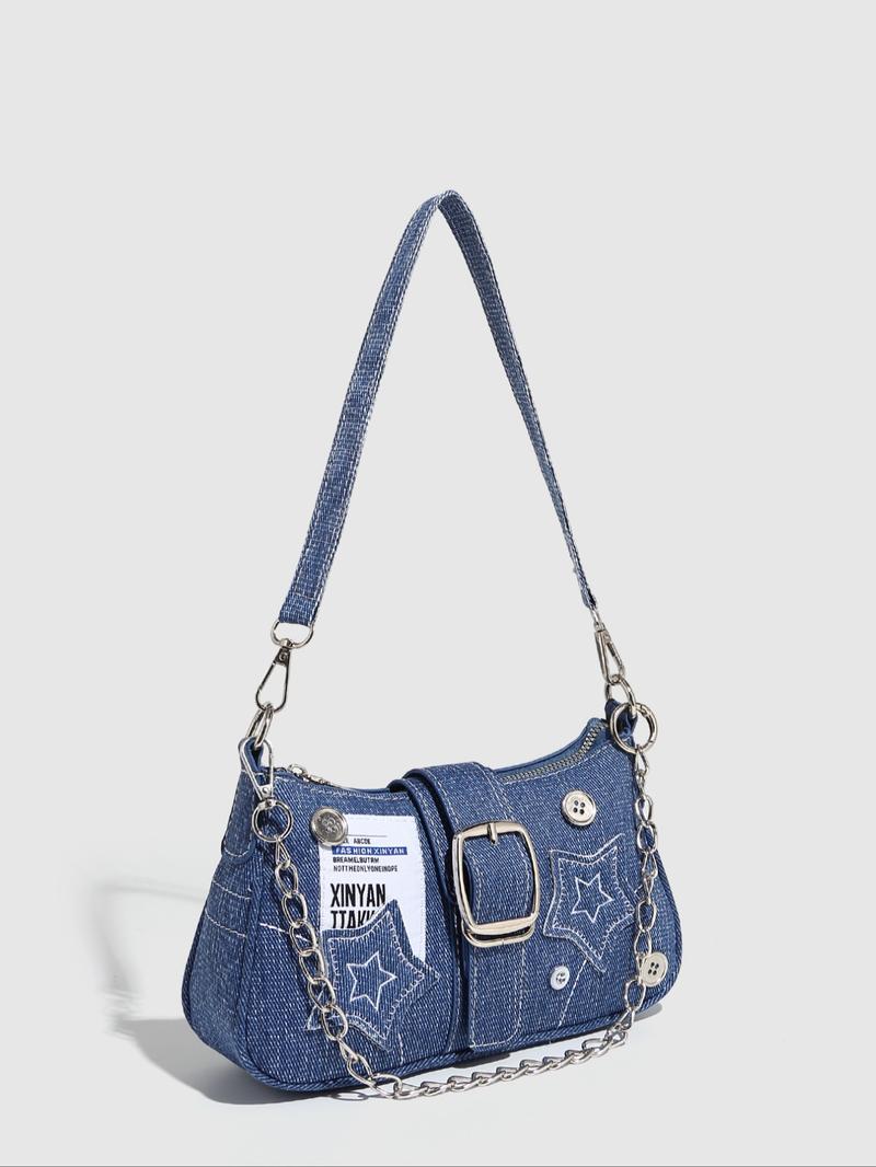 Women's Fashionable Star Patched Shoulder Bag, Vintage Y2K Style Chain Decor Underarm Bag for Daily Used, Casual Trendy Versatile High-quality Daily Commuting Bag, Crossbody Chain Bag