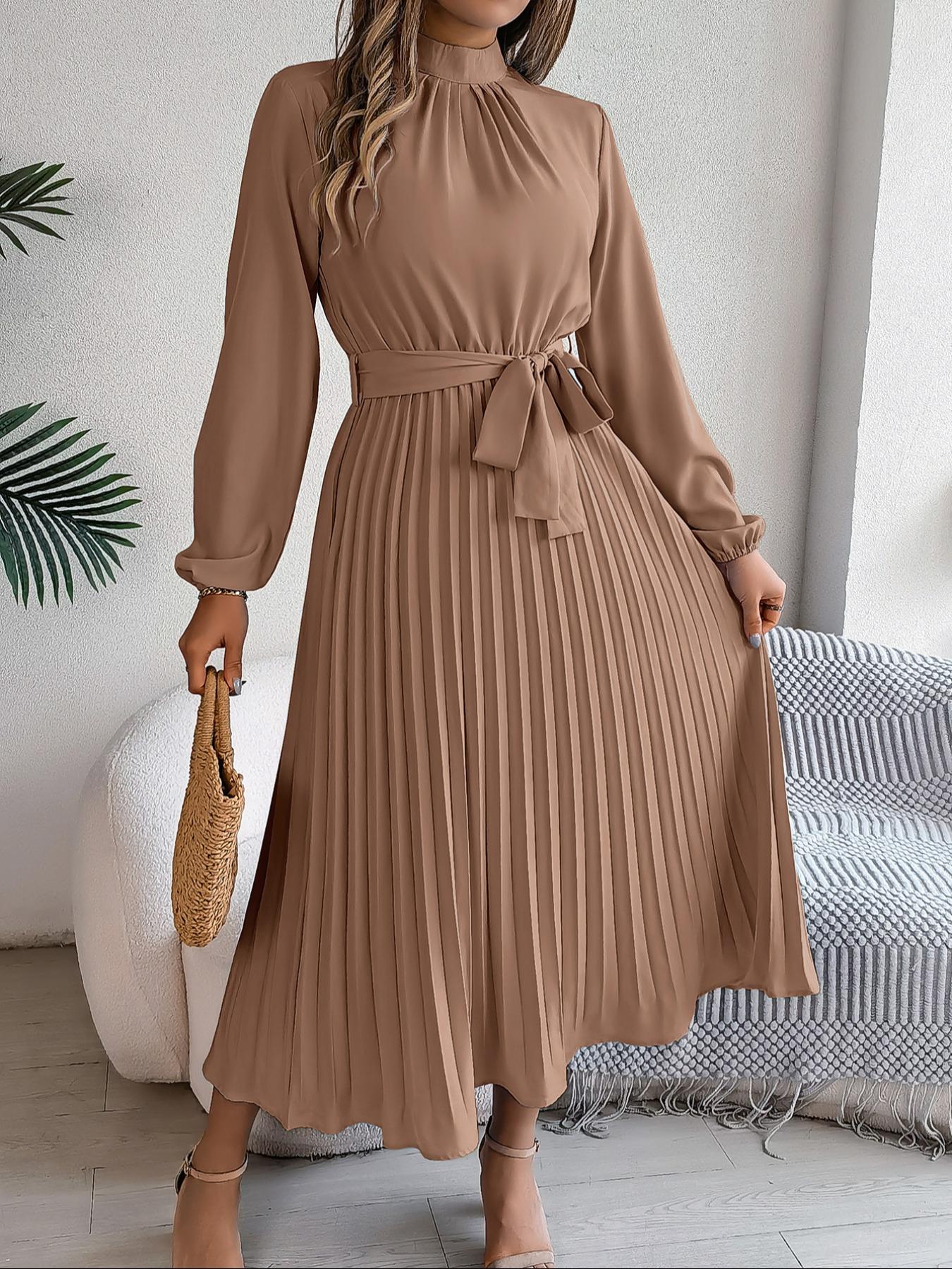 Women's Elegant Chic Long Sleeve Belted Pleated Dress, Spring & Fall Fitted Plain Design, Middle East Style Maid of Honor Gown