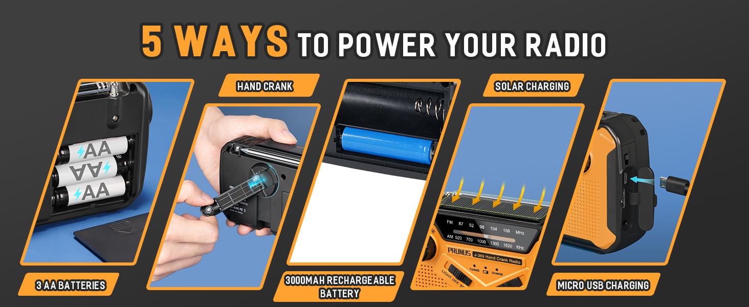 PRUNUS J-369 11100mWh Emergency Weather Radio, AA Batteries/Hand Crank/Solar/USB Charging, NOAA/AM/FM, LED Flashlight and Reading Lamp,SOS Alarm & Flashlight Portable