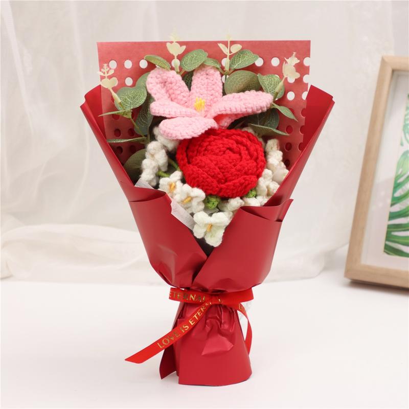 Realistic Tulip Rose Bouquet, Handmade Knitted Flower Arrangement, Crochet Artificial Flowers, Wedding Decoration, Christmas Valentine's Day Gift, Party Present