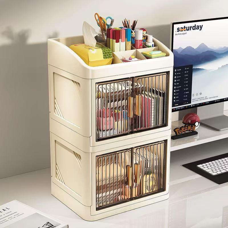 Foldable Cross-Border New Cosmetic Storage Cabinet, Multi-Layer Dual-Door Skincare Office Stationery Dustproof Organizer Box, Makeup Cosmetic Organizer, Cosmetics Organizer Storage, Beauty Supplies Organizer