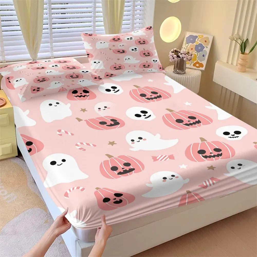 Cute Cartoon Halloween Bed Sheet Set, Q Version Ghost Pumpkin Skull Full Mattress Cover, Sweet Cool Festival Bedding, Twin Pillowcase