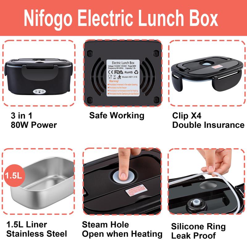 Electric Lunch Box Food Heater for Adults, Heated Lunch Box 12V/24V/110V Portable Food Warmer for Car/Truck/Office 1.8L Removab，dealsforyoudaysle Stainless Steel Container with Fork Spoon and Bag,dealsforyoudays